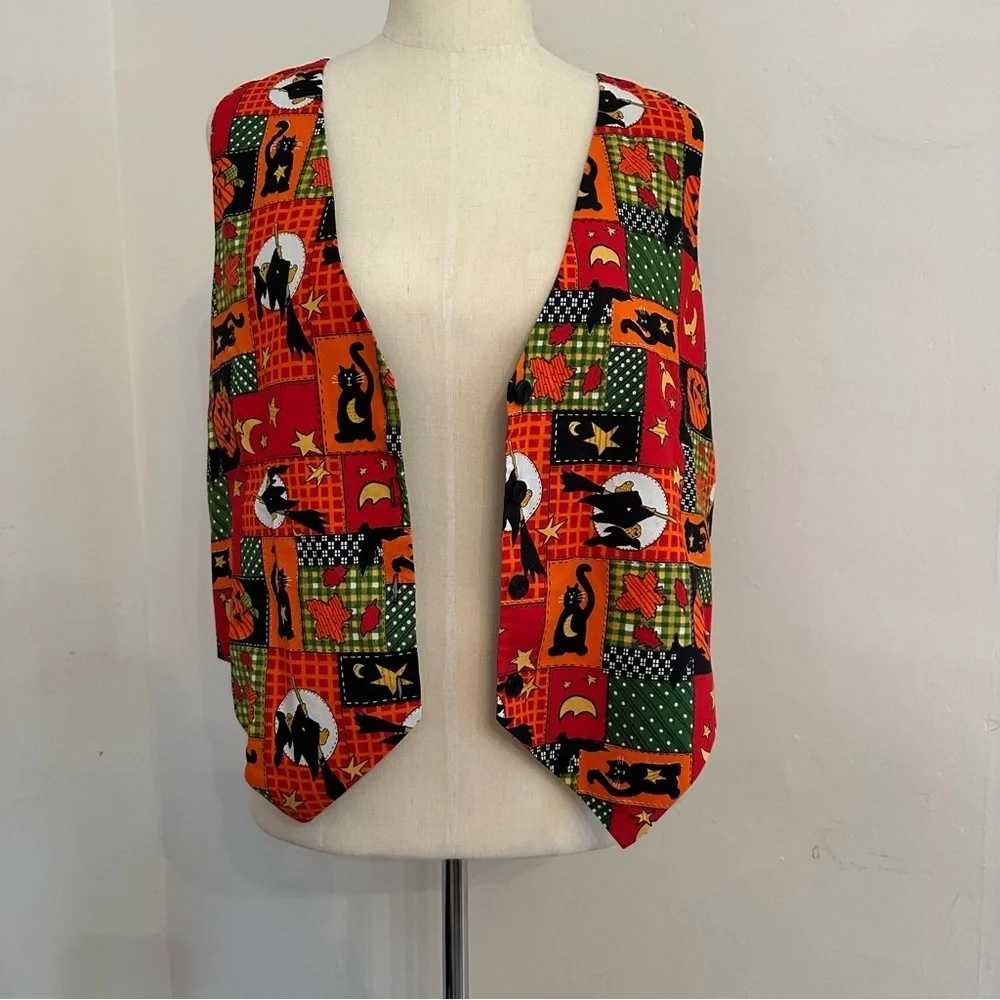 Basic Editions Vintage 80s 90s Halloween Teddy Bear Witch Pumpkins Vest Size L - Picture 2 of 8